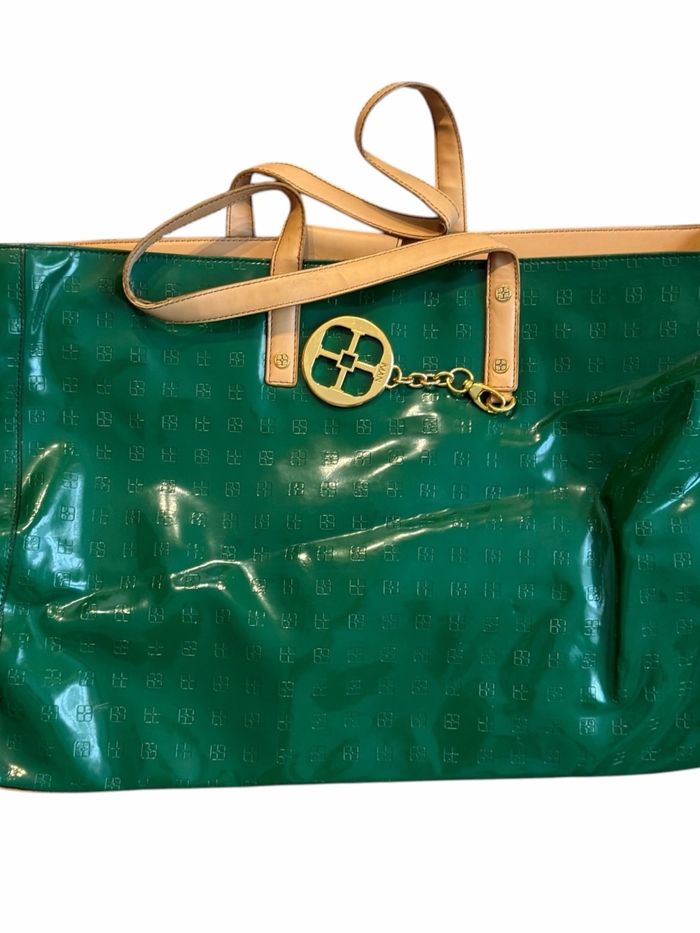 IMAN Global Chic Green Patent Tote Bag Large Gold Hardware Beige Handles